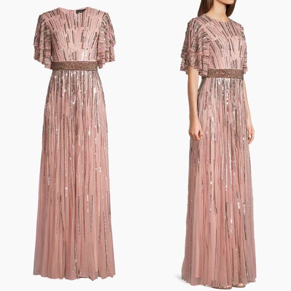 Mac Duggal Gown Embellished Full Length Layered Vintage Rose Size 10 93582 NEW - Picture 1 of 13